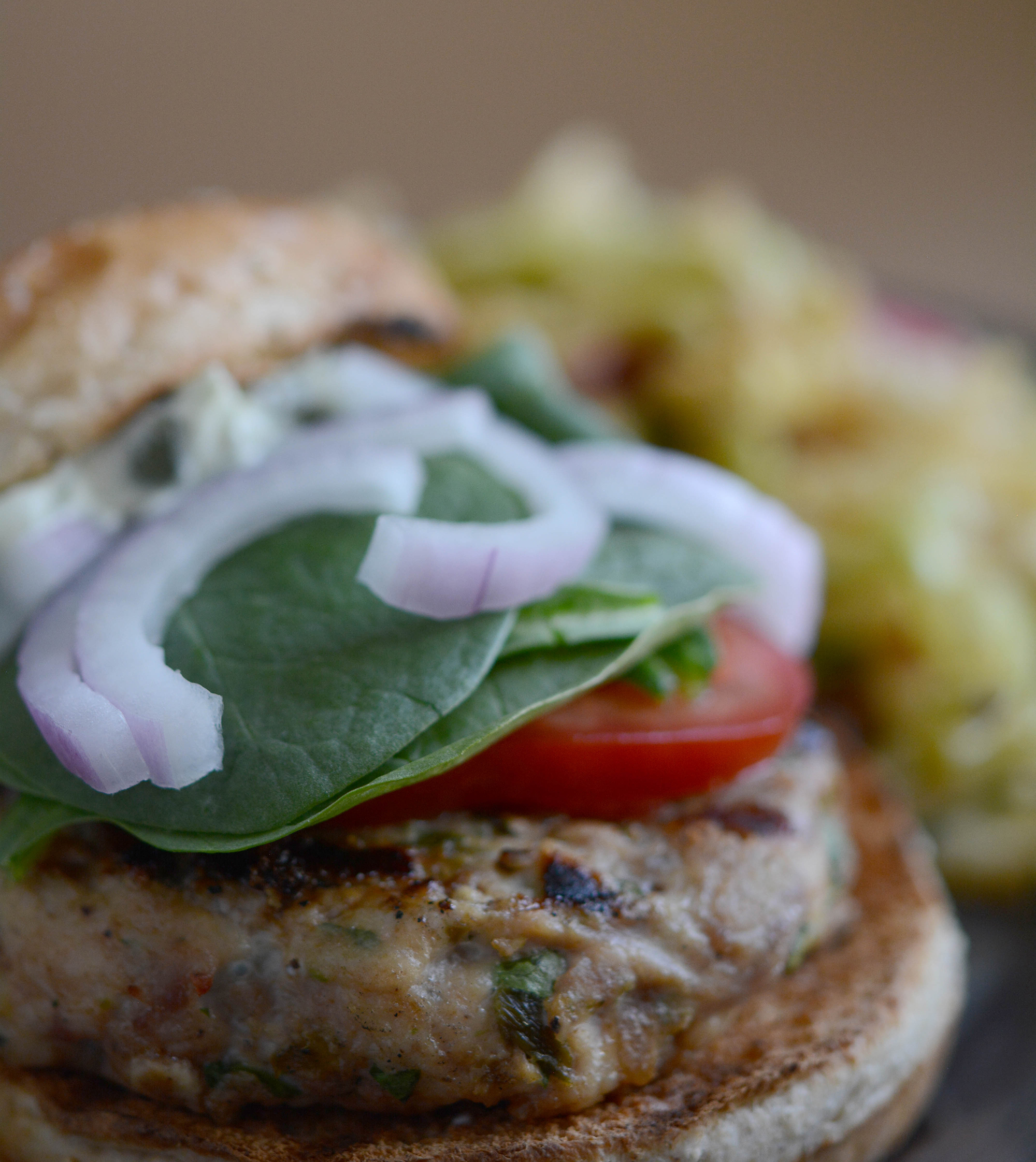 Satay Burgers with Roasted Poblano Sauce