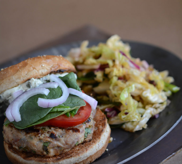 Satay Burgers with Roasted Poblano Sauce