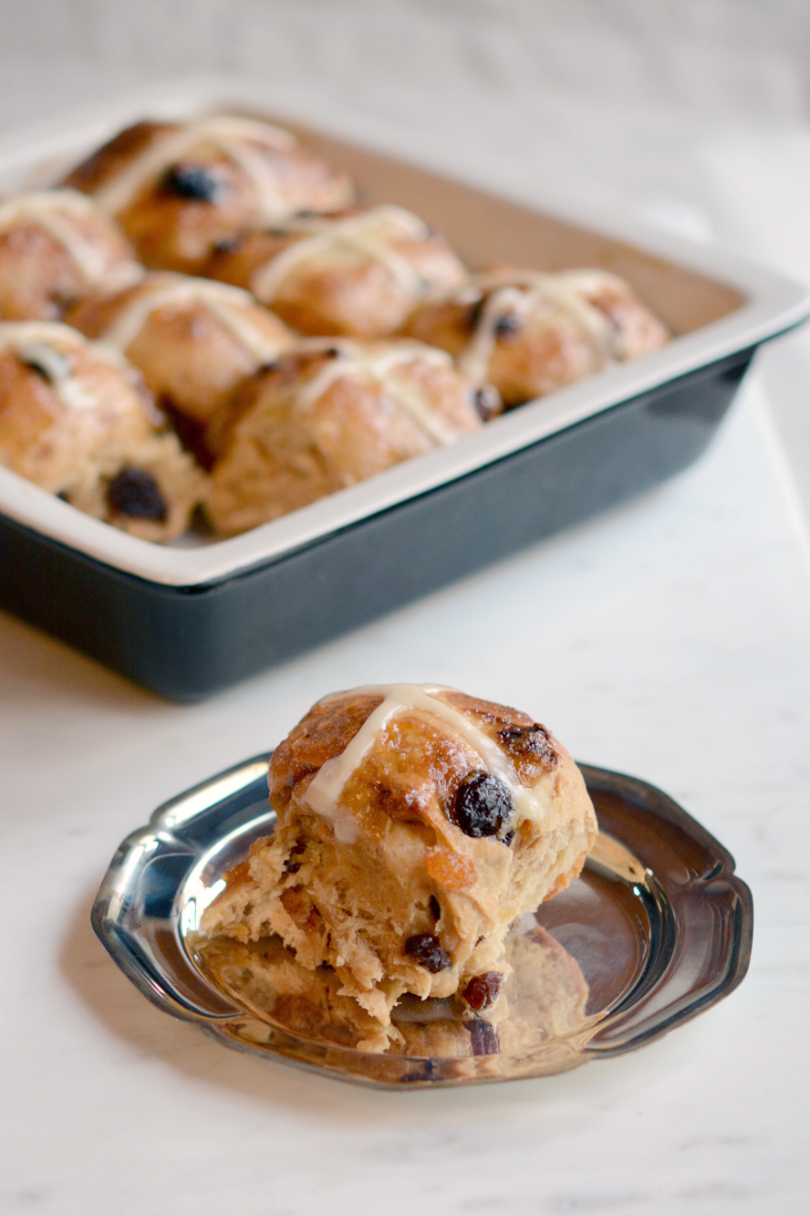 photo of hot cross buns on a silver plate
