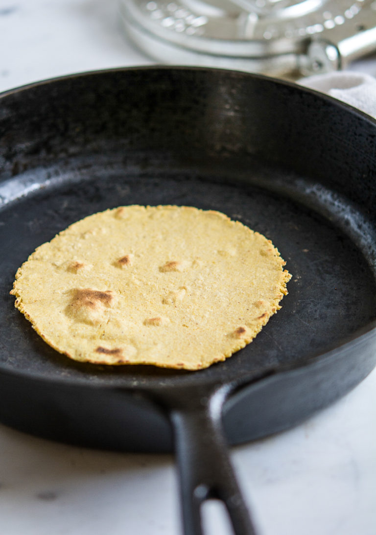 photo of homemade tortilla in cast iron pan