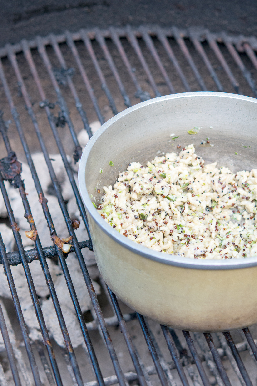 Cabin Halibut Skewers heating up some rice on the grill