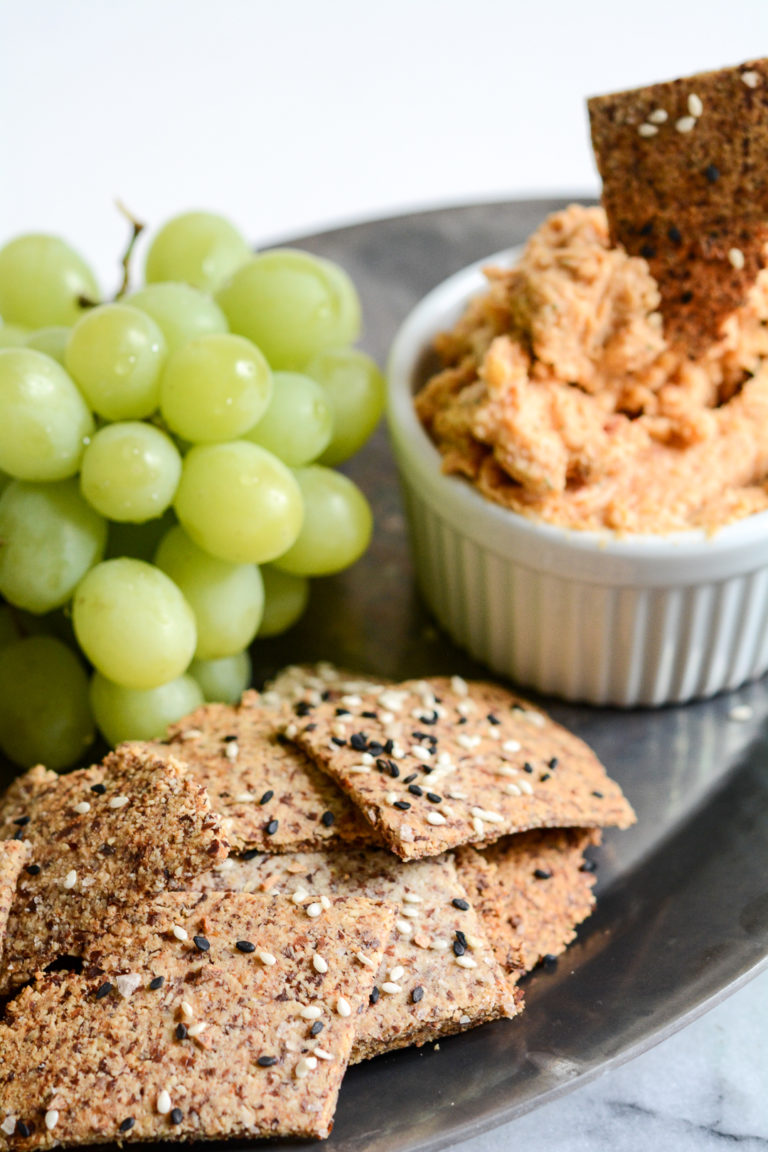 Almond Crackers, Grapes and Cheese Dip Photo Close-up