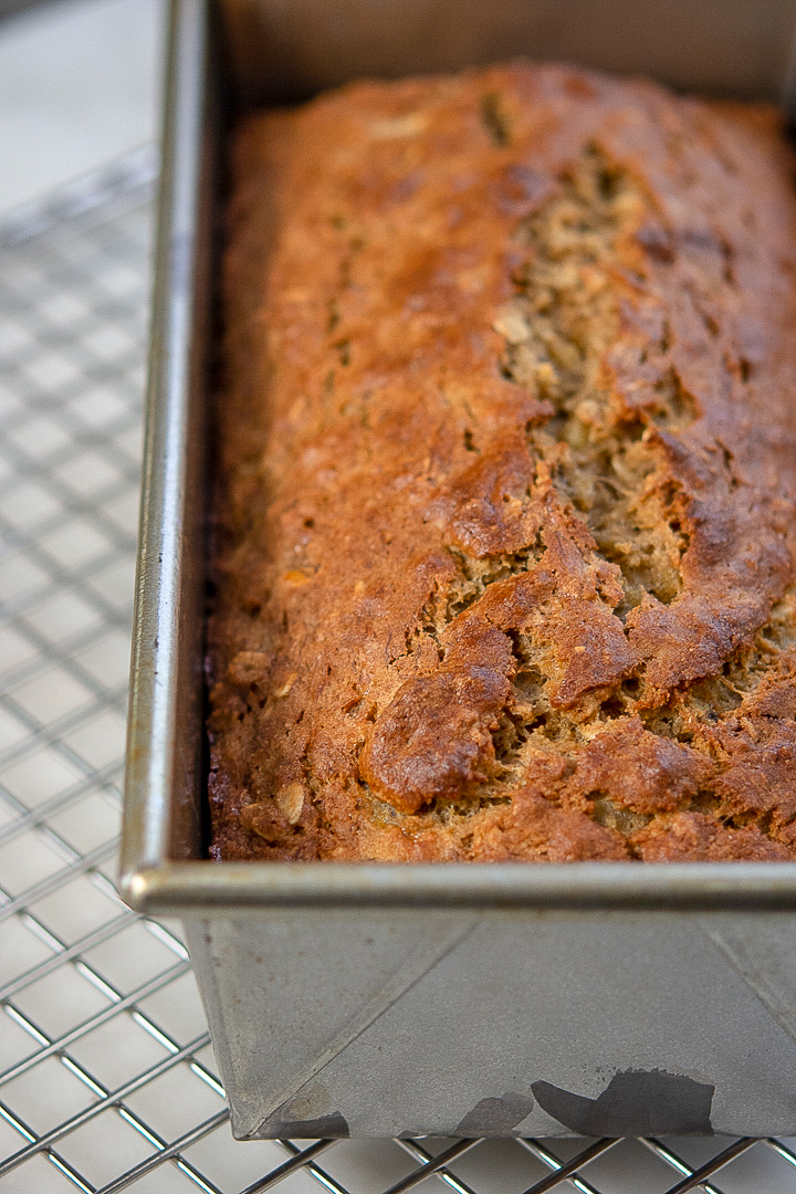 banana oat bread loaf in a pan