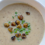 Photo of Roasted Cauliflower Soup overhead in bowl