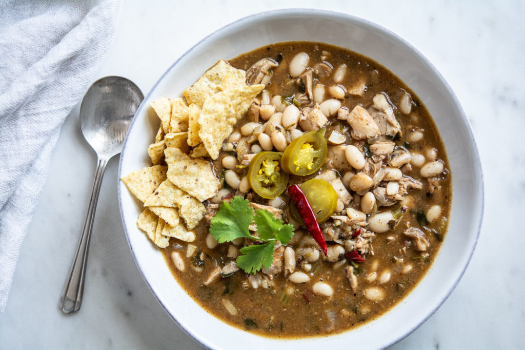 White Bean Chicken Chili in a bowl shot from overhead