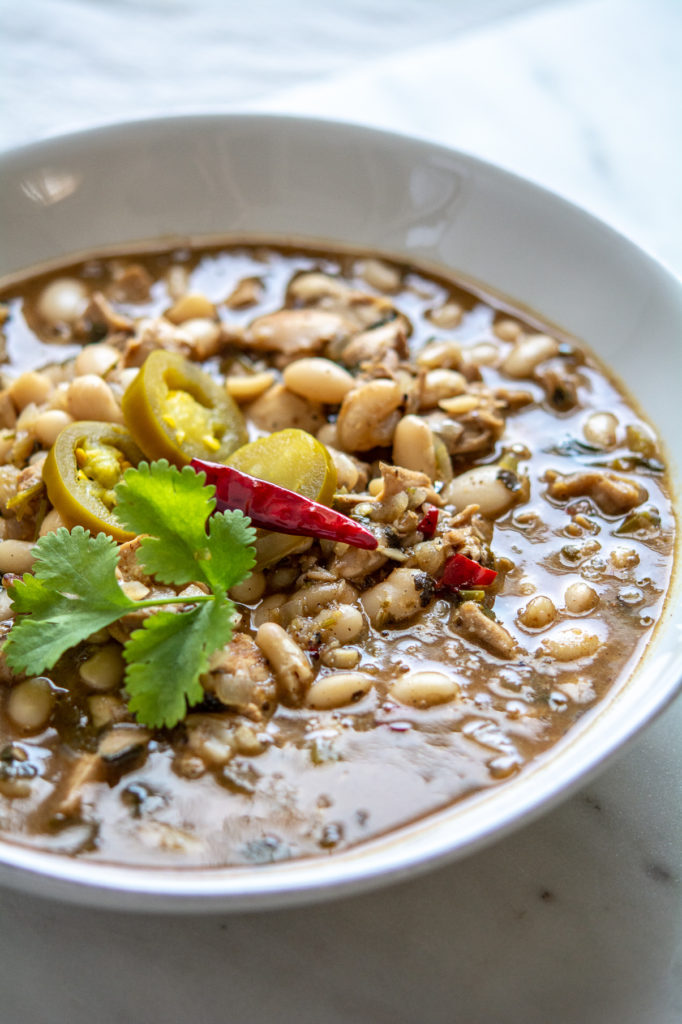 White Bean Chicken Chili in a bowl close-up