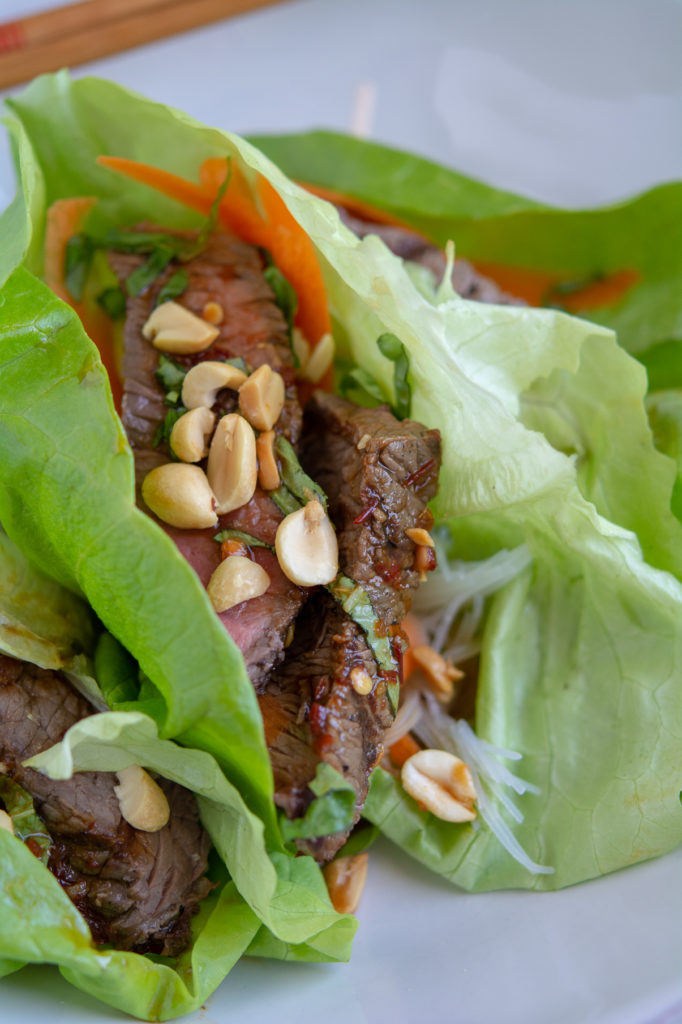 close-up shot of leftover steak lettuce wraps