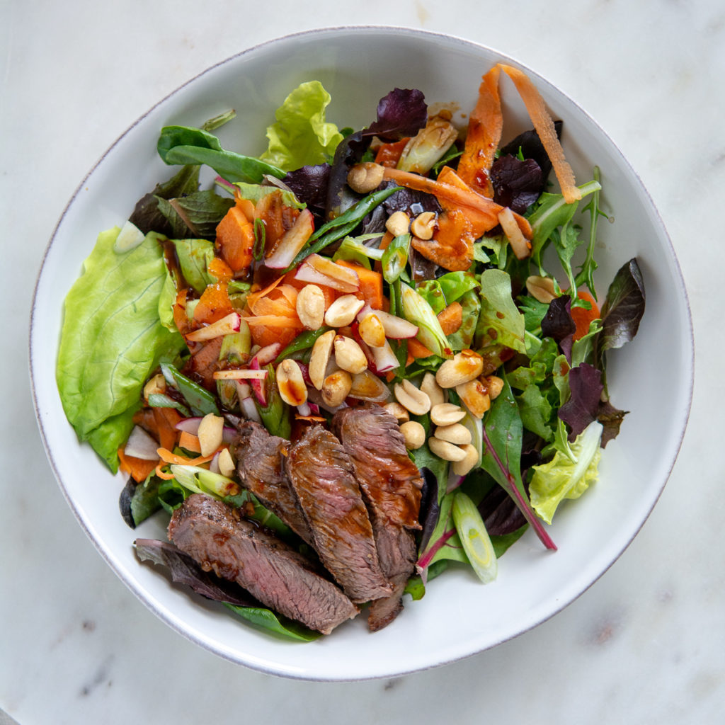 Overhead shot of Leftover Steak Lettuce Wraps Salad