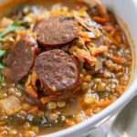 close up shot of lentil and chorizo soup