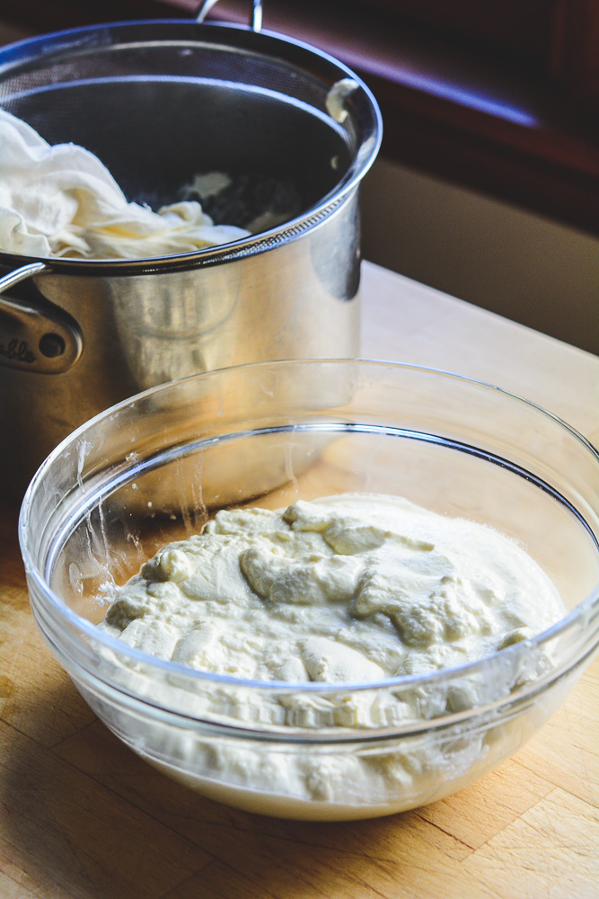 Finished fresh ricotta cheese in a glass bowl