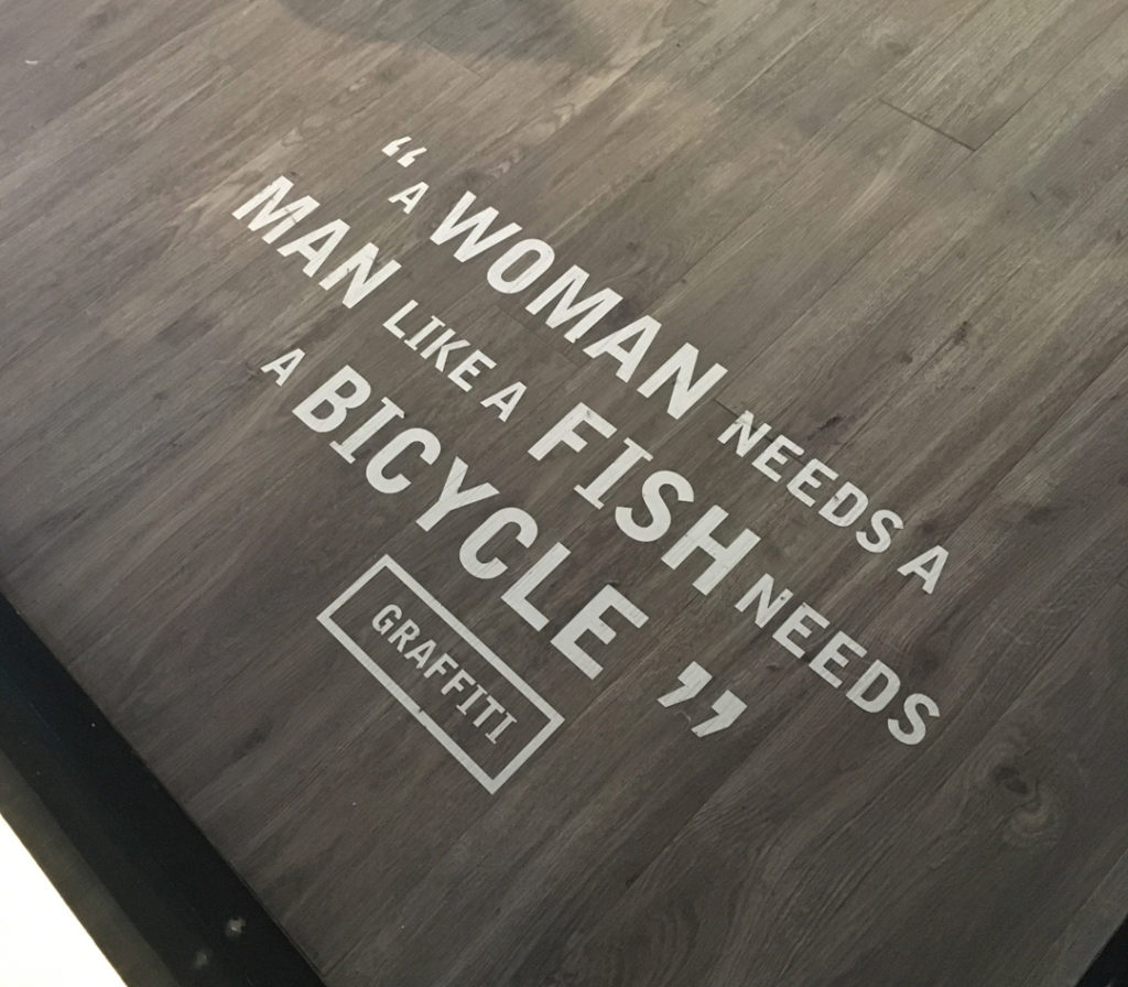 quote from Guinness Storehouse: "A woman needs a man like a fish needs a bicycle" by Graffiti