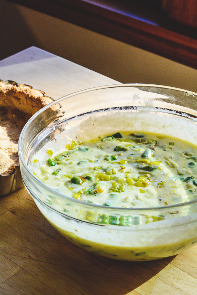 quiche filling in a glass bowl