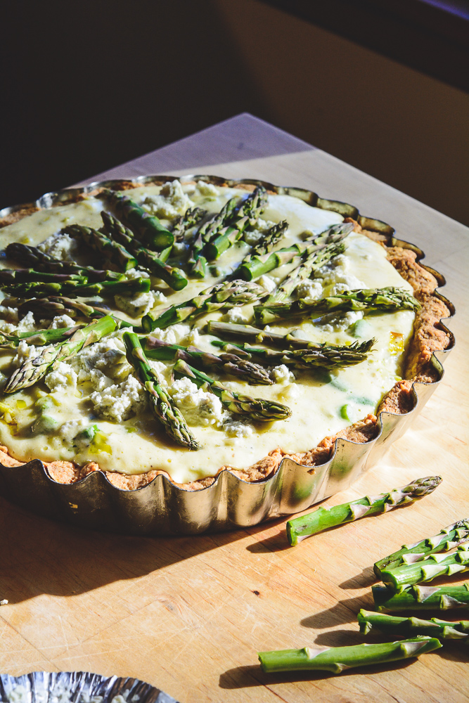 Asparagus Ricotta Quiche all ready for final bake in the oven
