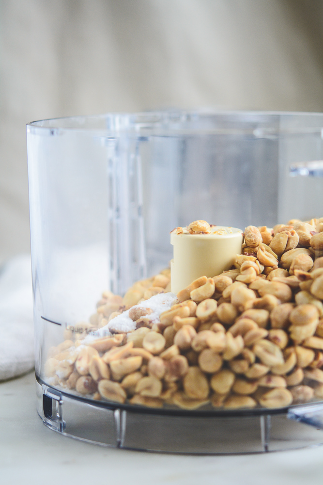 Photo of peanuts and salt in bowl of a food processor