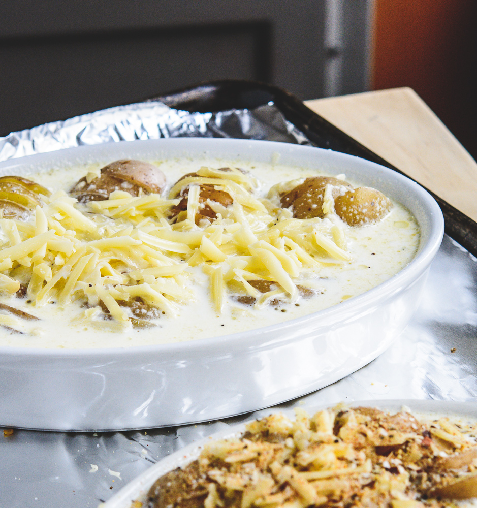 Prebake of Potatoes Dauphinoise, ready for the oven