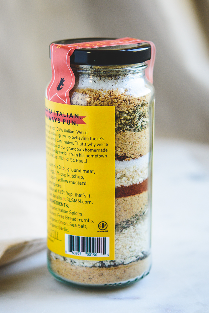 photo of 3 Lonetti Sisters meatball mix in the jar with side view of layered ingredients