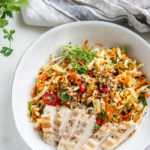 Overhead shot of plated Chicken Cabbage Carrot Salad