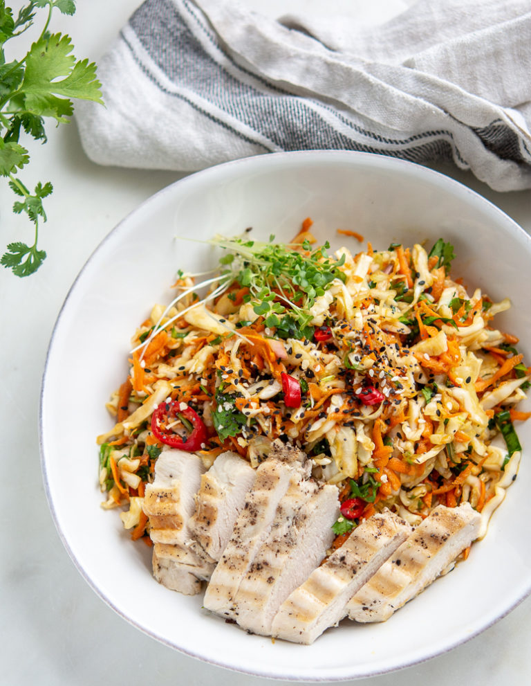 Overhead shot of plated Chicken Cabbage Carrot Salad