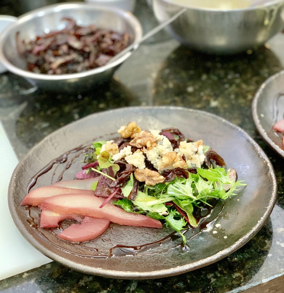 photo of poached pear salad with Irish Crozier Bleu Cheese