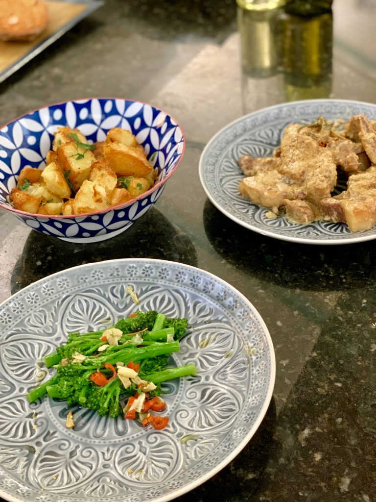 photo of broccoli, potatoes and pork