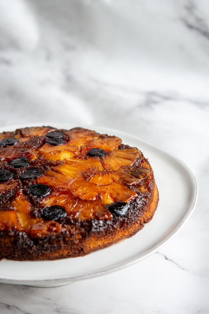 Pineapple Upside-Down Cake on cake plate