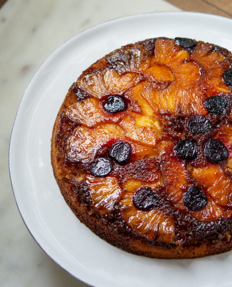 Overhead shot of Pineapple Upside-Down Cake on cake plate