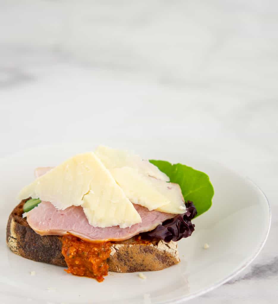 Roasted Romesco Sauce on a ham and cheese toasty sourdough sandwich