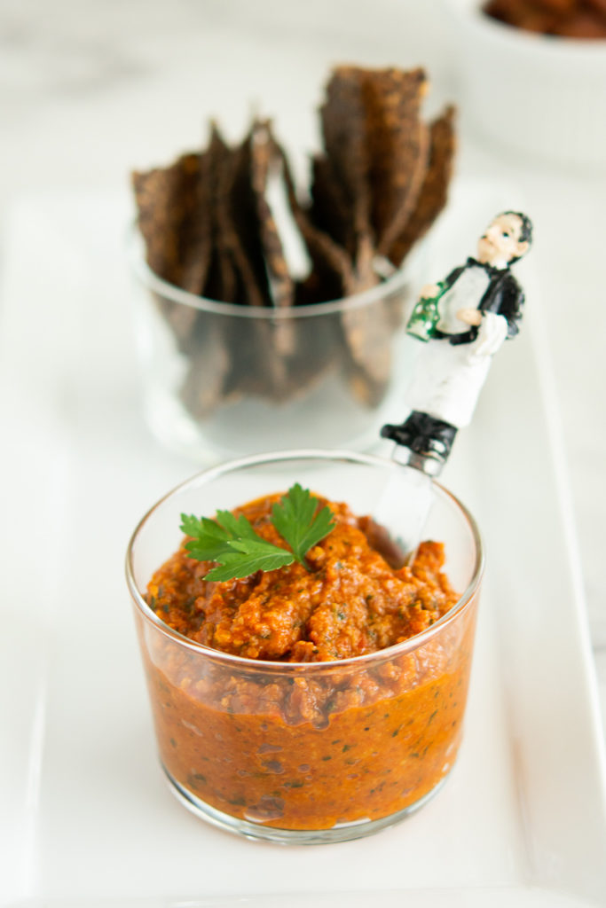 Roasted Romesco Sauce on a tray with chips