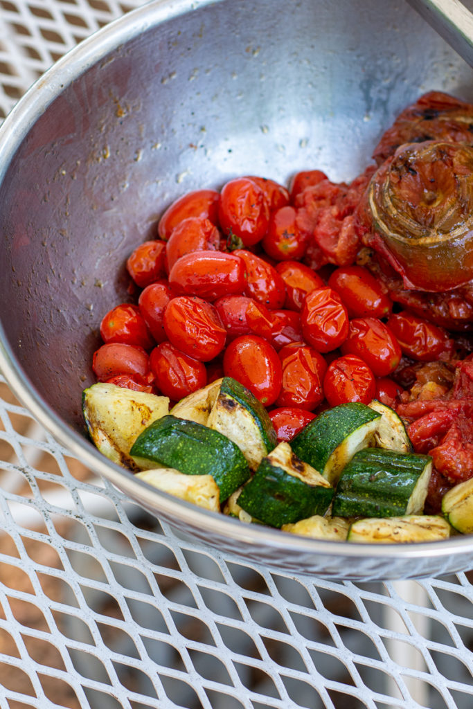 grilled veg for Grilled Gazpacho in a stainless steal bowl