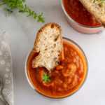 Ovehead shot of Grilled Gazpacho in a glass cup