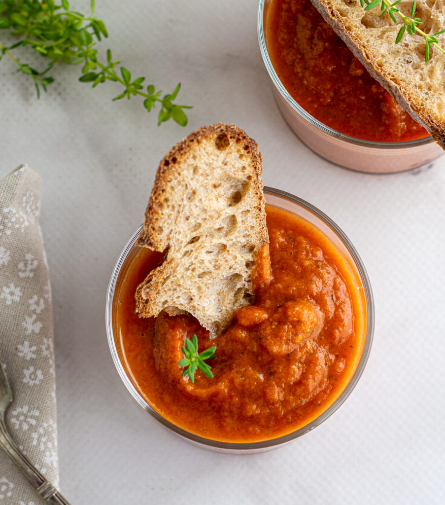 Ovehead shot of Grilled Gazpacho in a glass cup