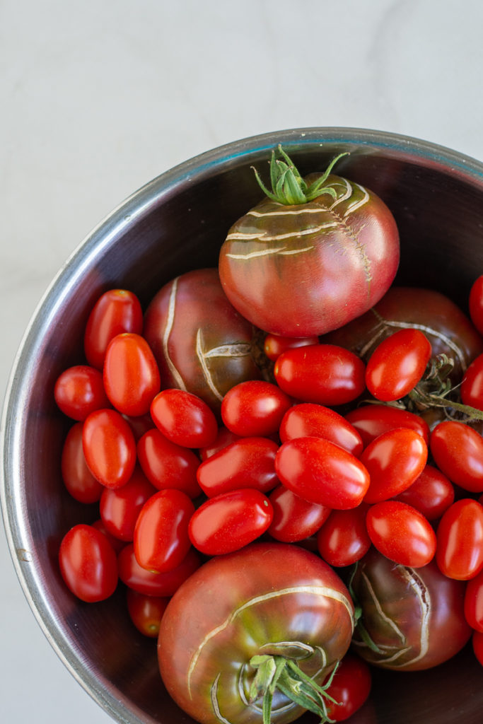 overhead shot of a bowl of garden fresh tomatoes for Grilled Gazpacho