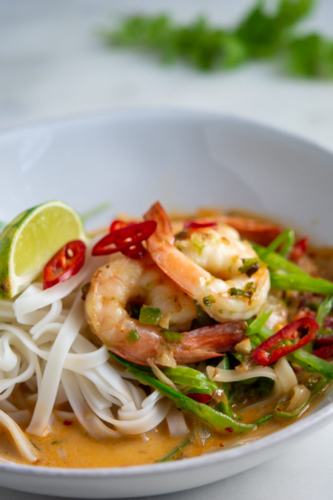 close us shot of Spicy Shrimp Rice Noodles and Coconut Curry