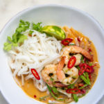 overhead shot of Spicy Shrimp Rice Noodles and Coconut Curry
