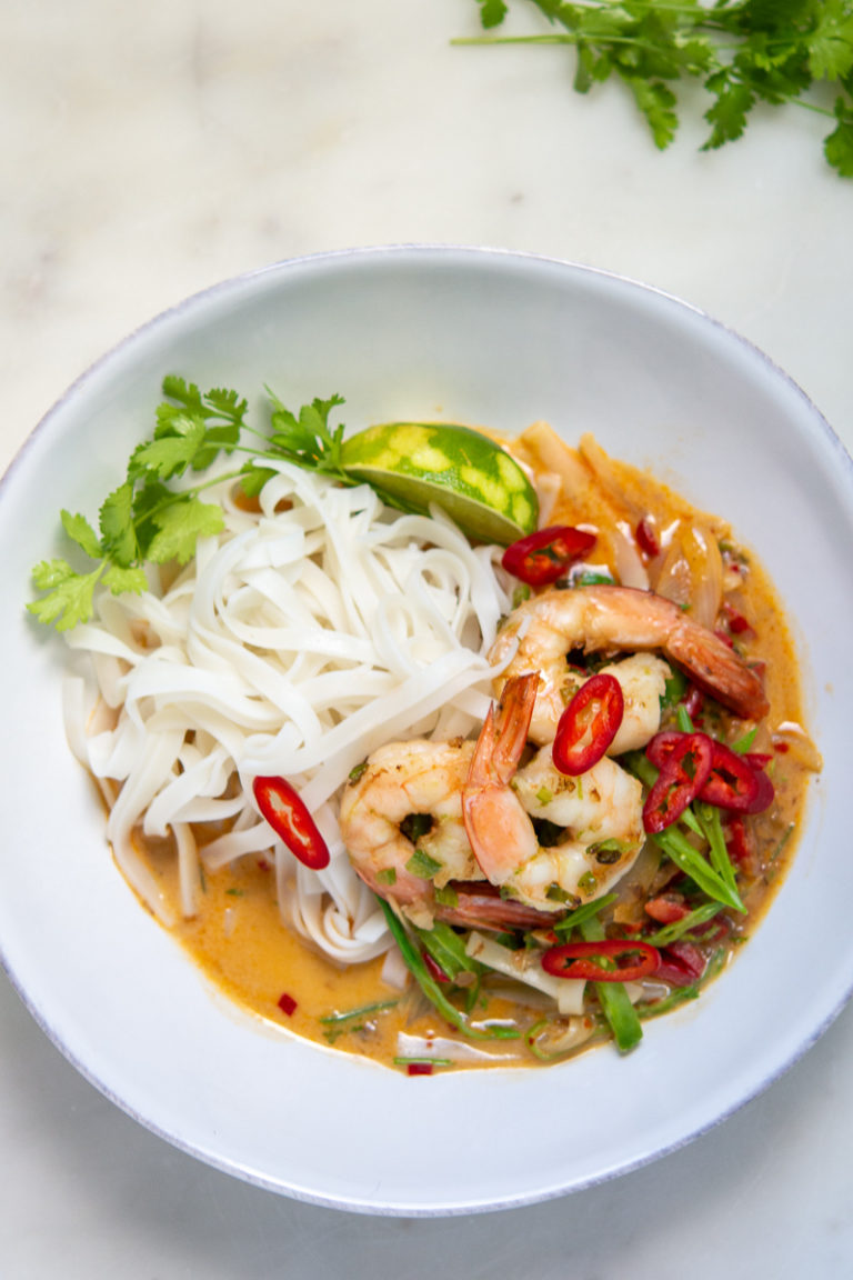 overhead shot of Spicy Shrimp Rice Noodles and Coconut Curry