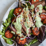 grilled steak salad overhead shot