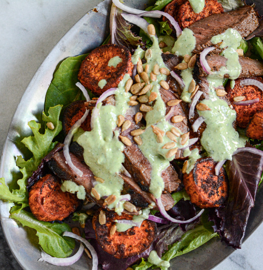 grilled steak salad overhead shot