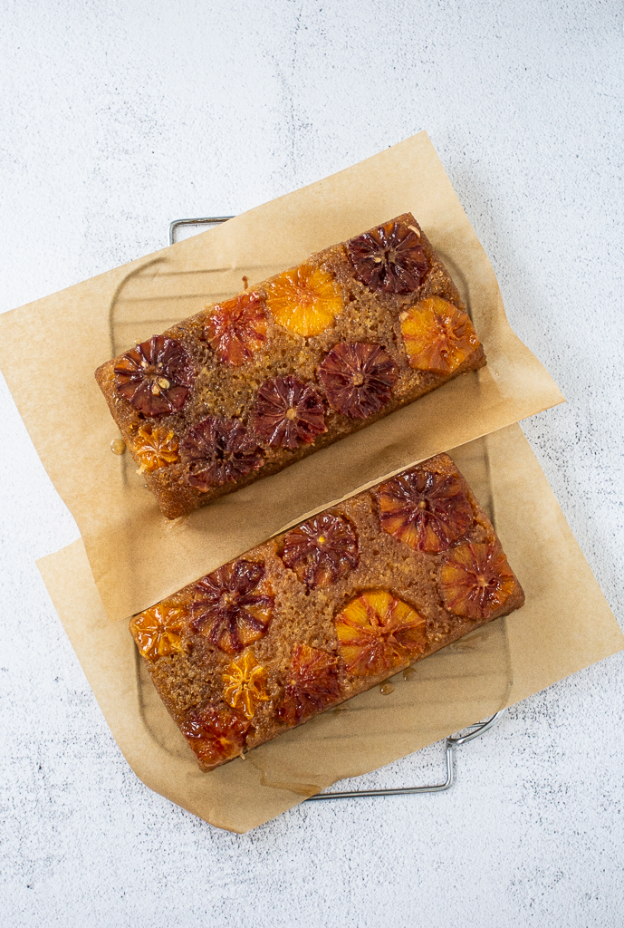 overhead shot of blood orange upside-down cake, further away