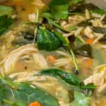 Very close up shot of chicken soup with lemon and orzo in soup pot