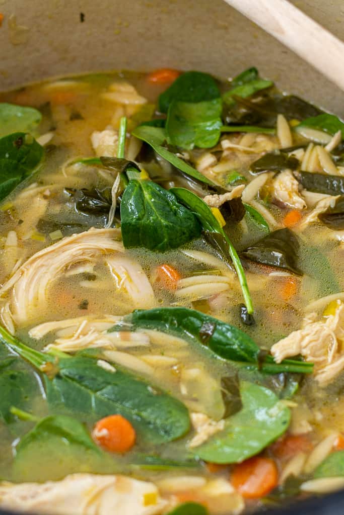 Very close up shot of chicken soup with lemon and orzo in soup pot