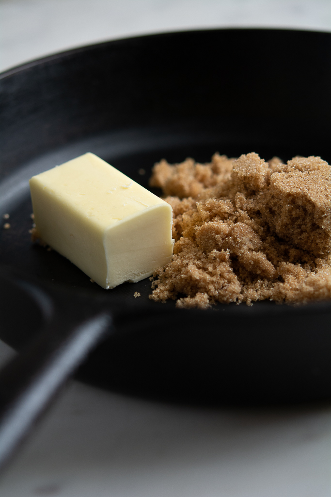 butter and brown sugar in a cast iron pan for blood orange upside down cake