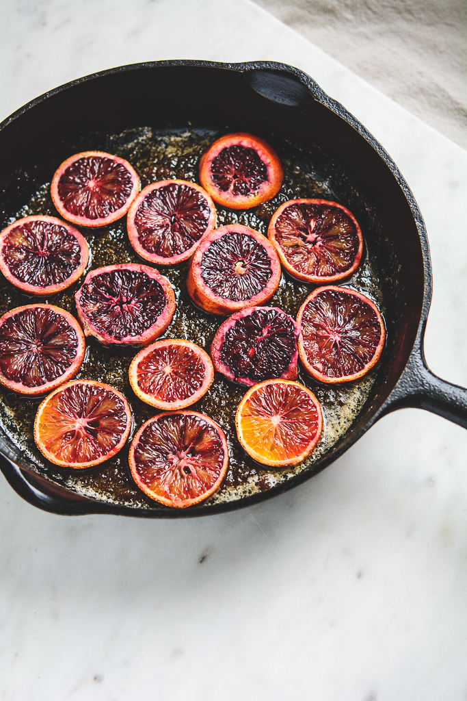 blood oranges in a cast iron pan