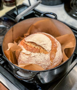 sourdough bread in a dutch oven, straight out of the oven