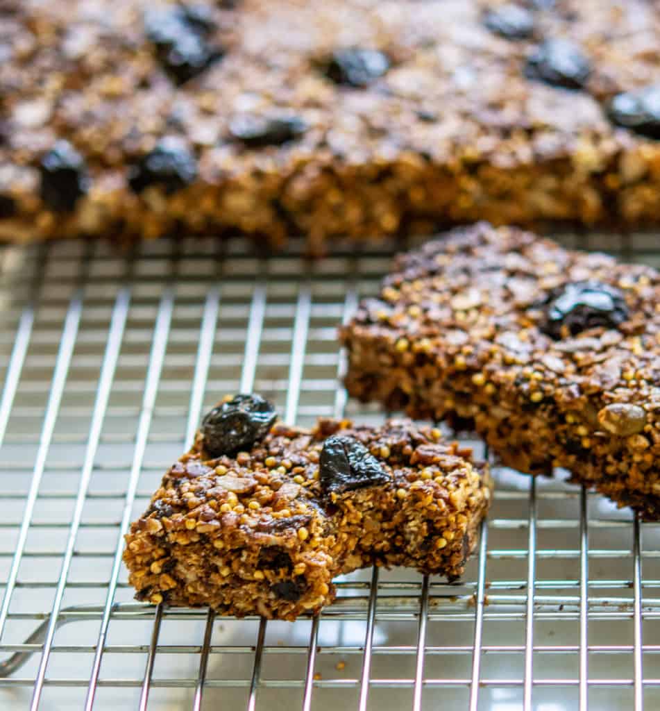 granola bar with bite out of it on a wire rack