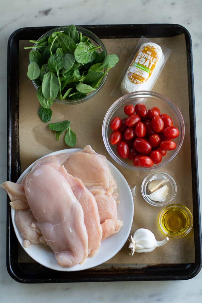 ingredients for Goat Cheese Stuffed Chicken with Oven Roasted Tomatoes