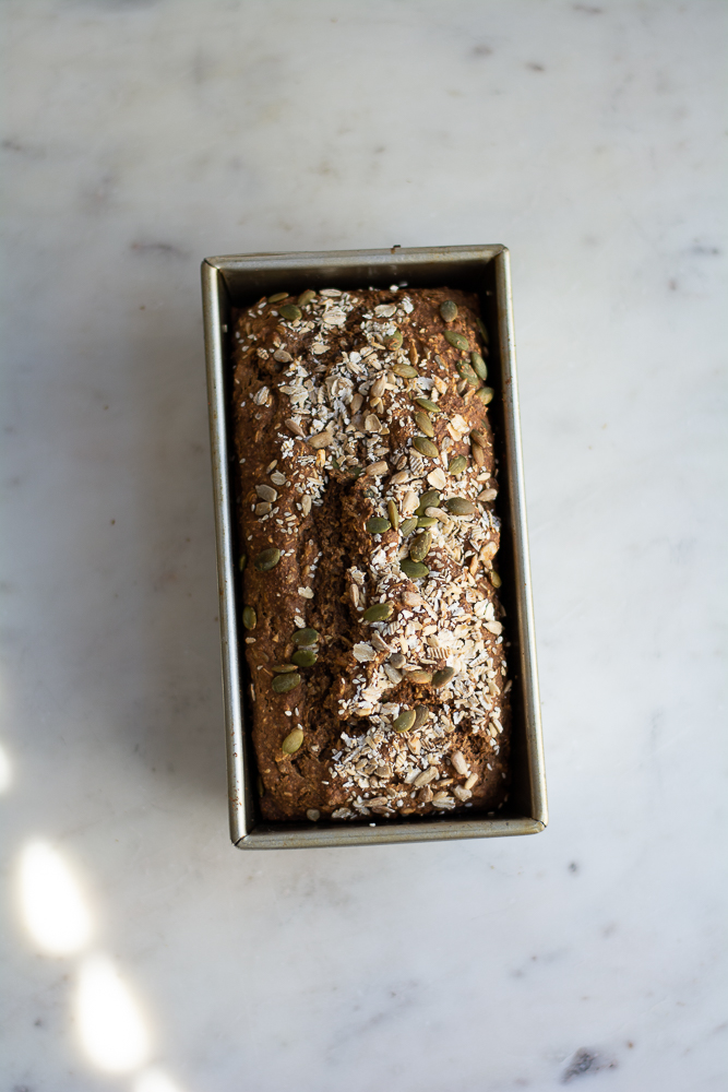 Vertical overhead shot of Seedy Irish Brown Bread