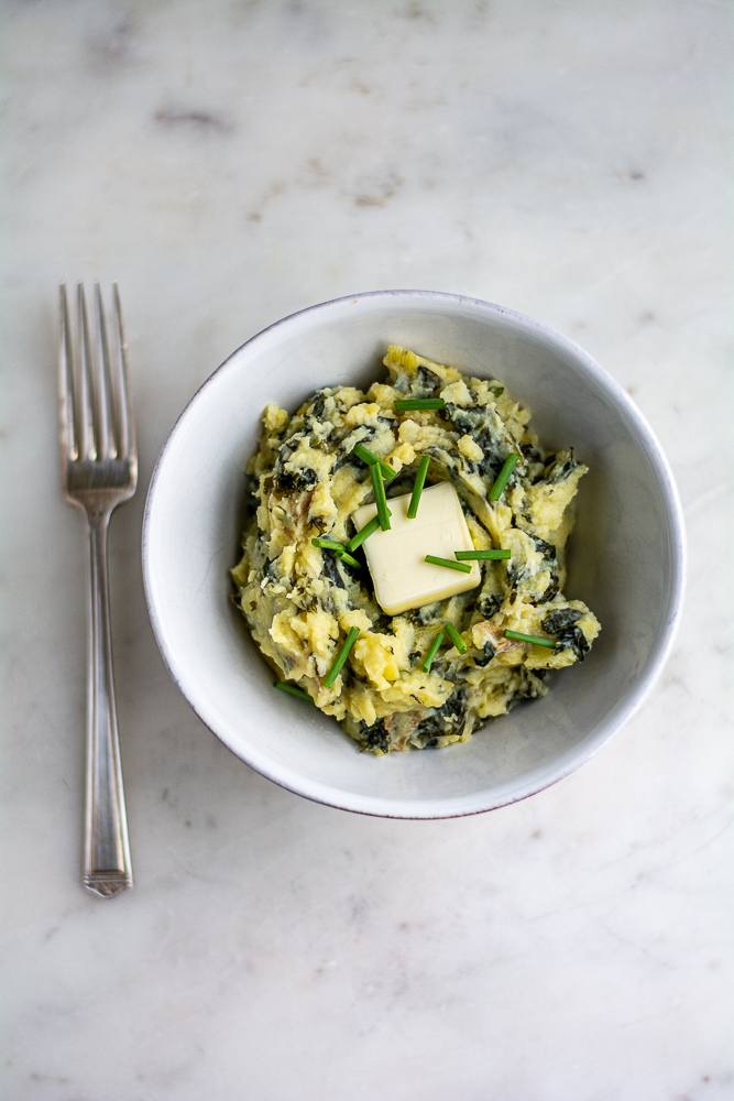 overhead vertical shot of colcannon in a bowl