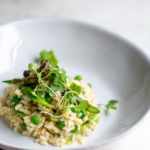 shot of spring risotto in a shallow dish