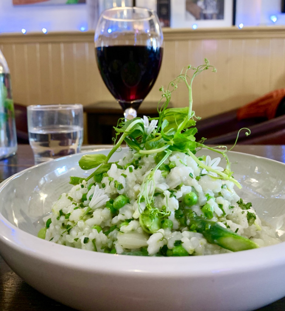 spring veg risotto with pea shoots