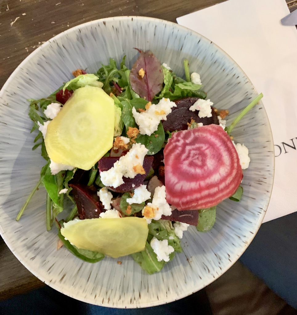 greens and beet salad with 'larry's' goat cheese at cronin's sheebeen in westport ireland